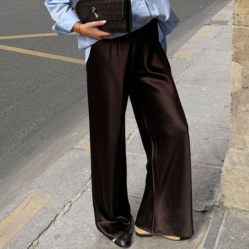 Linad Elegant Brown Satin Wide Leg Pants Women Autumn Fashion Beige High Waist T