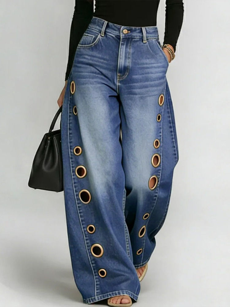 Missuoo Women's Washed Blue High-Waist Metal Grommet Wide Leg Jeans 2026 Casual
