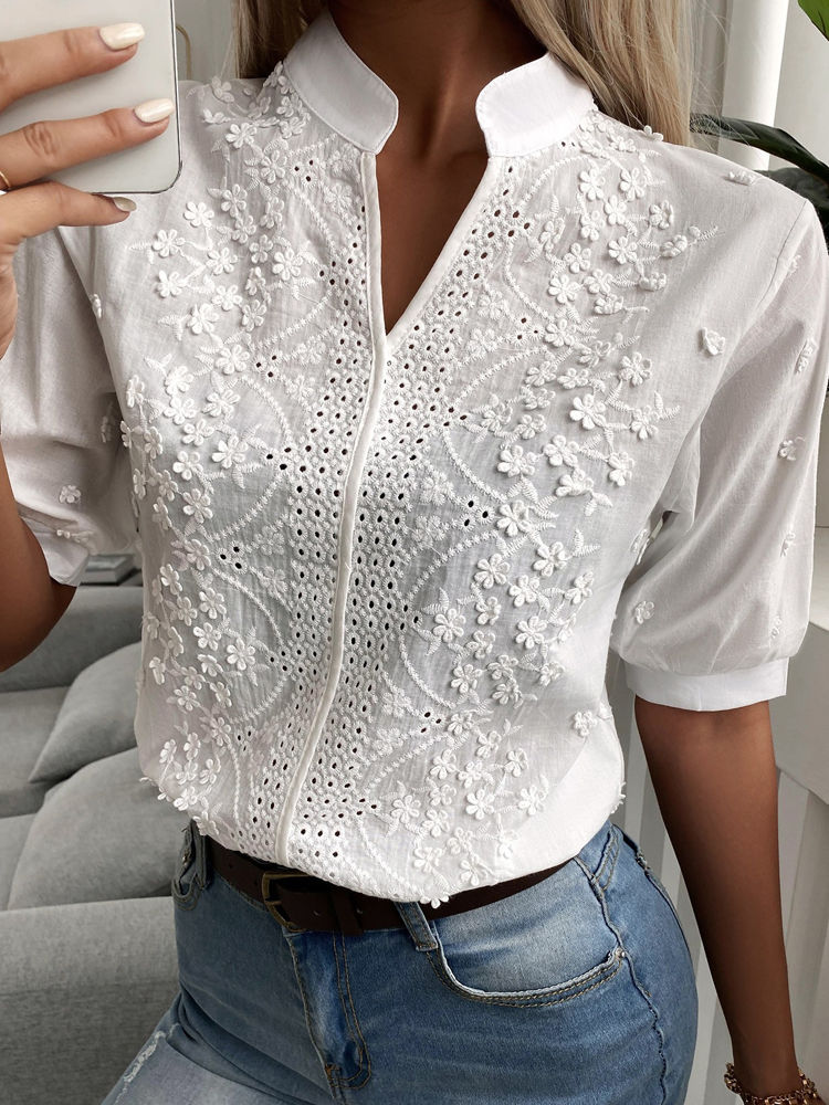 Summer Floral Embroidery Lace Blouse Fashion Women V Neck Casual Shirt Chic Shor
