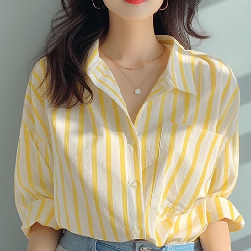 Yellow and white vertical striped shirt women spring and autumn new shirt Europe