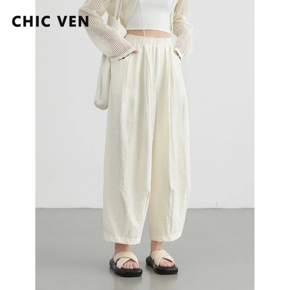 CHIC VEN Women White Pants Solid Casual Elastic Waist High Waisted Pleated Wide