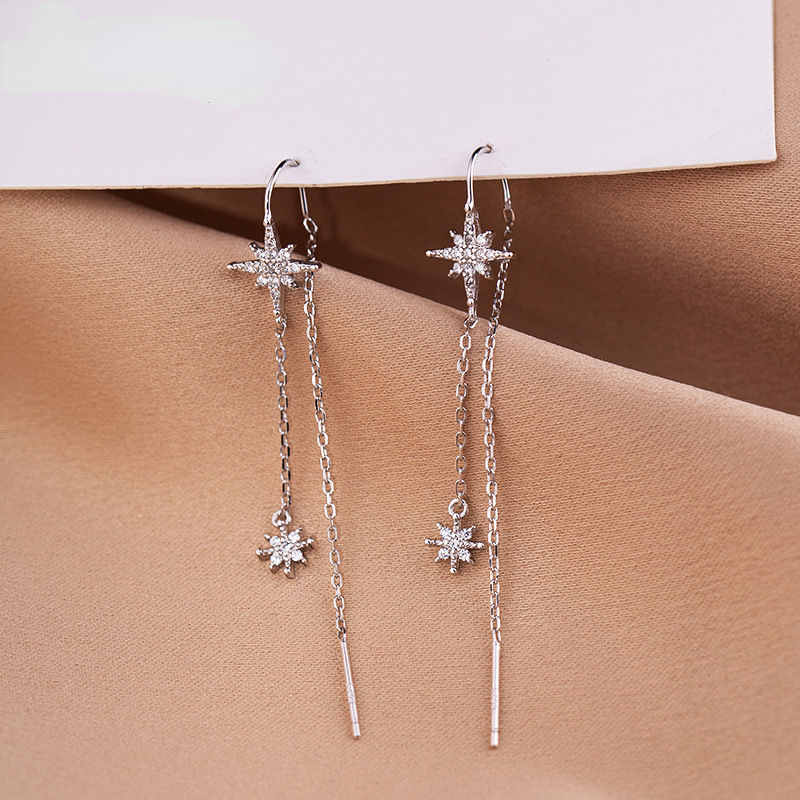 New 925 Silver Star Inlaid Zircon Earrings Ladies Temperament Long Tassel Earrin