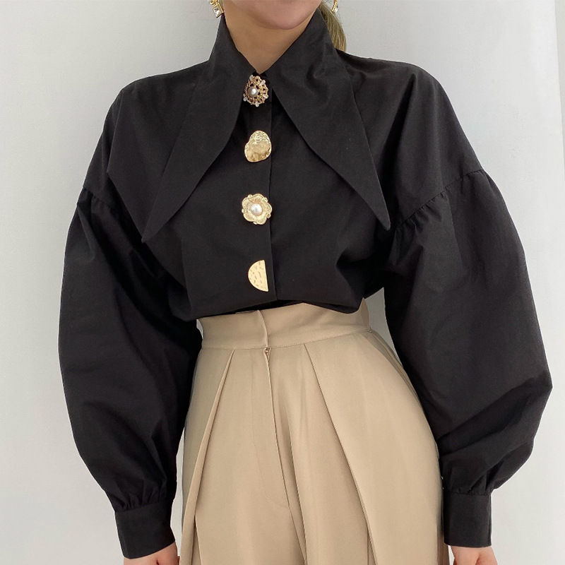 White Elegant Pearl Women Shirts Korean Sharp Corner Collar Loose Long Sleeve La