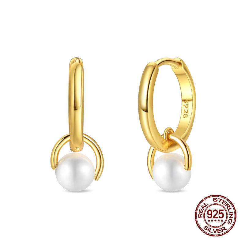 100% 925 Sterling Silver Pearl Golden Geometry Hoop Earrings For Women Fashion B