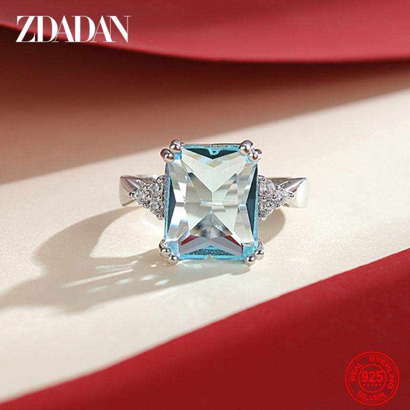 ZDADAN 925 Sterling Silver Fashion Aquamarine Gemstone Ring For Women Wedding Pa