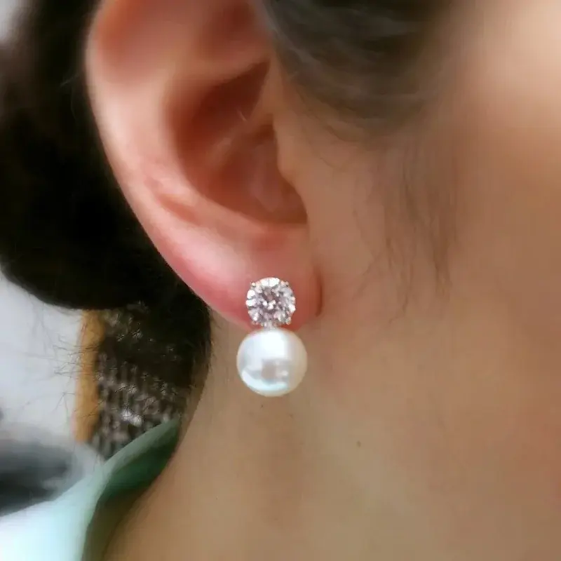 New Dainty Women Imitation Pearl Stud Earrings Silver Color Eternity Wedding Da