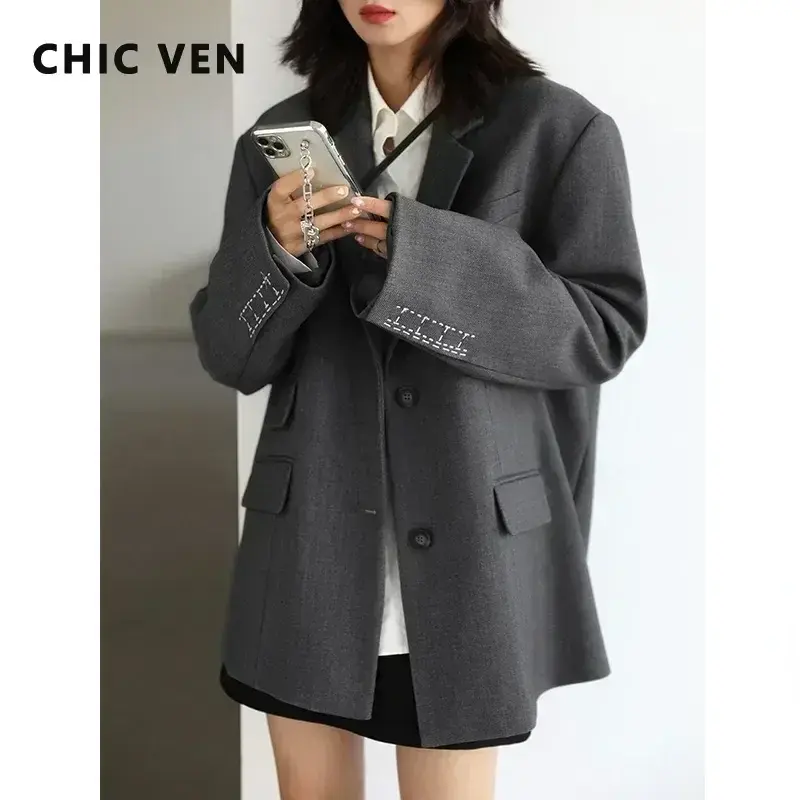 CHICVEN Women Office Lady Blazer Cuff Embroidery Wide Shoulder Twill Suit Women