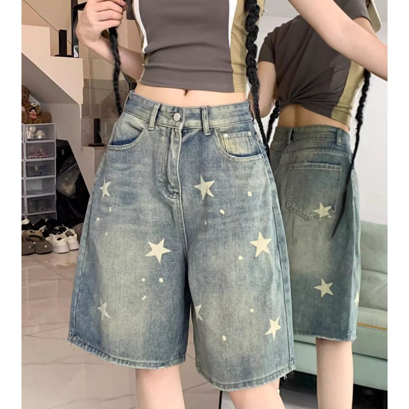 Casual Floral Print Loose Wide Leg Womens Jeans New American Retro Star Design S