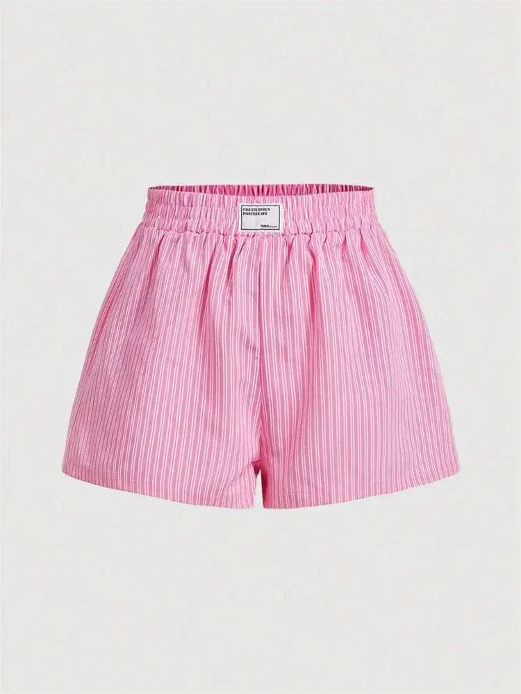 Striped Letter Label Shorts for Women Summer Casual Pink Elastic Waist Shorts St
