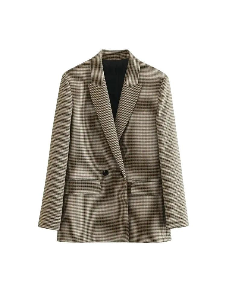 Women Fashion Double Breasted Plaid Blazer Coat Vintage Long Sleeve Flap Pockets
