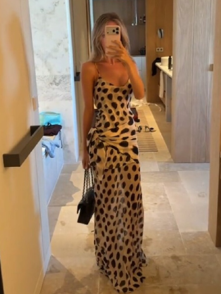Trendy Slip Dress Animal Print V-neck Ruched Drawstring Sexy Maxi Women Dresses