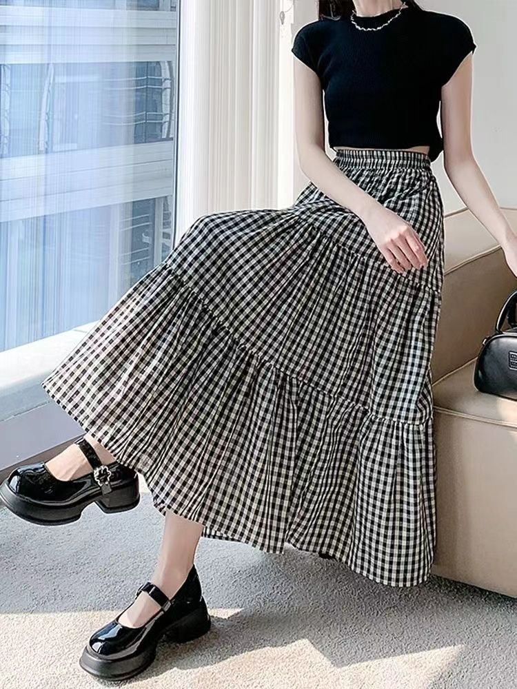 Patchwork Tiered Skirt Women 2025 Summer Vintage Checkered High Waisted Elastic
