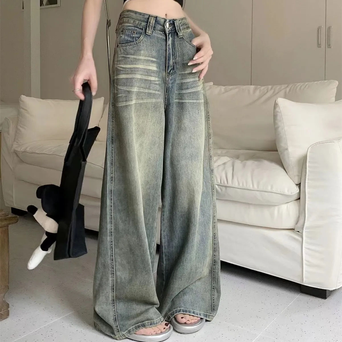 Y2K Loose Straight Leg Jeans Women Trousers Baggy Wide Fit Casual High Waist Ret