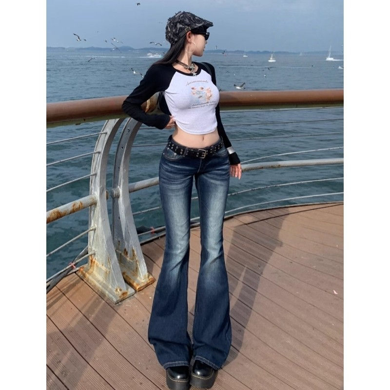 Y2K Slim Fit High Waist Casual Womens Jeans Retro Denim Pants Low Rise Flared Tr