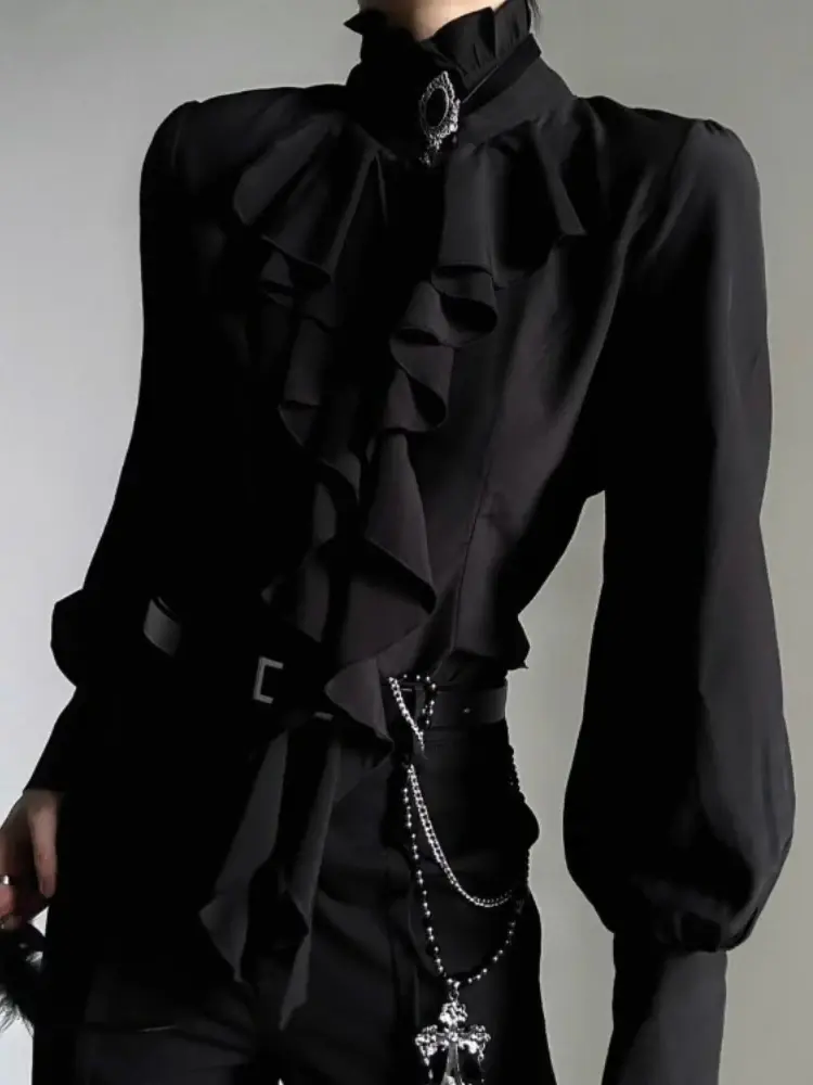 Harajuku Vintage Black Bottoming Shirt Women Stand Collar Ruffles Slim Blouses J