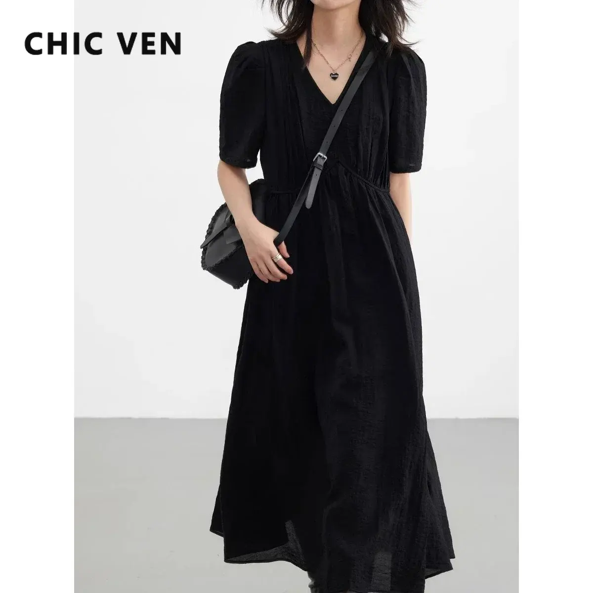 CHIC VEN Women Dresses French Style Vintage V-neck Puff Sleeve Long Dress Solid