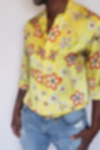 Thumbnail: Yellow Silk shirt with swirls 3/4 sleeve side view
