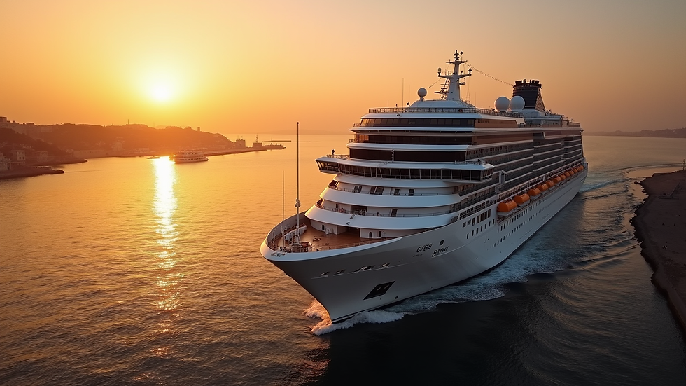 High angle view of luxury Nile cruise ship docked at sunset