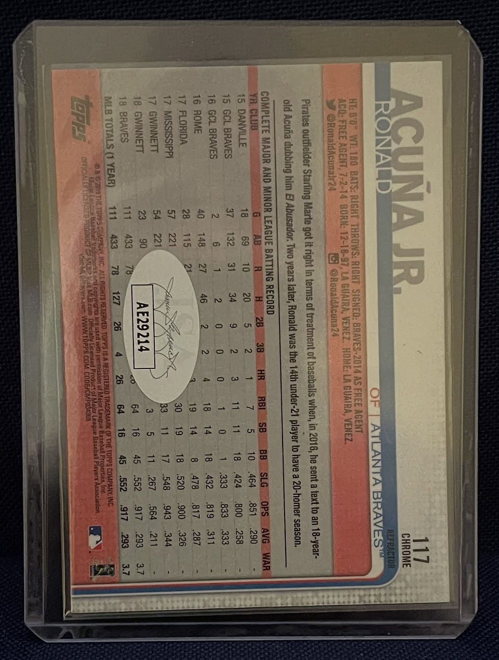 2019 Topps Chrome Ronald Acuna Jr. Sepia Refractor  💥💥JSA AE29214💥💥 - Back
