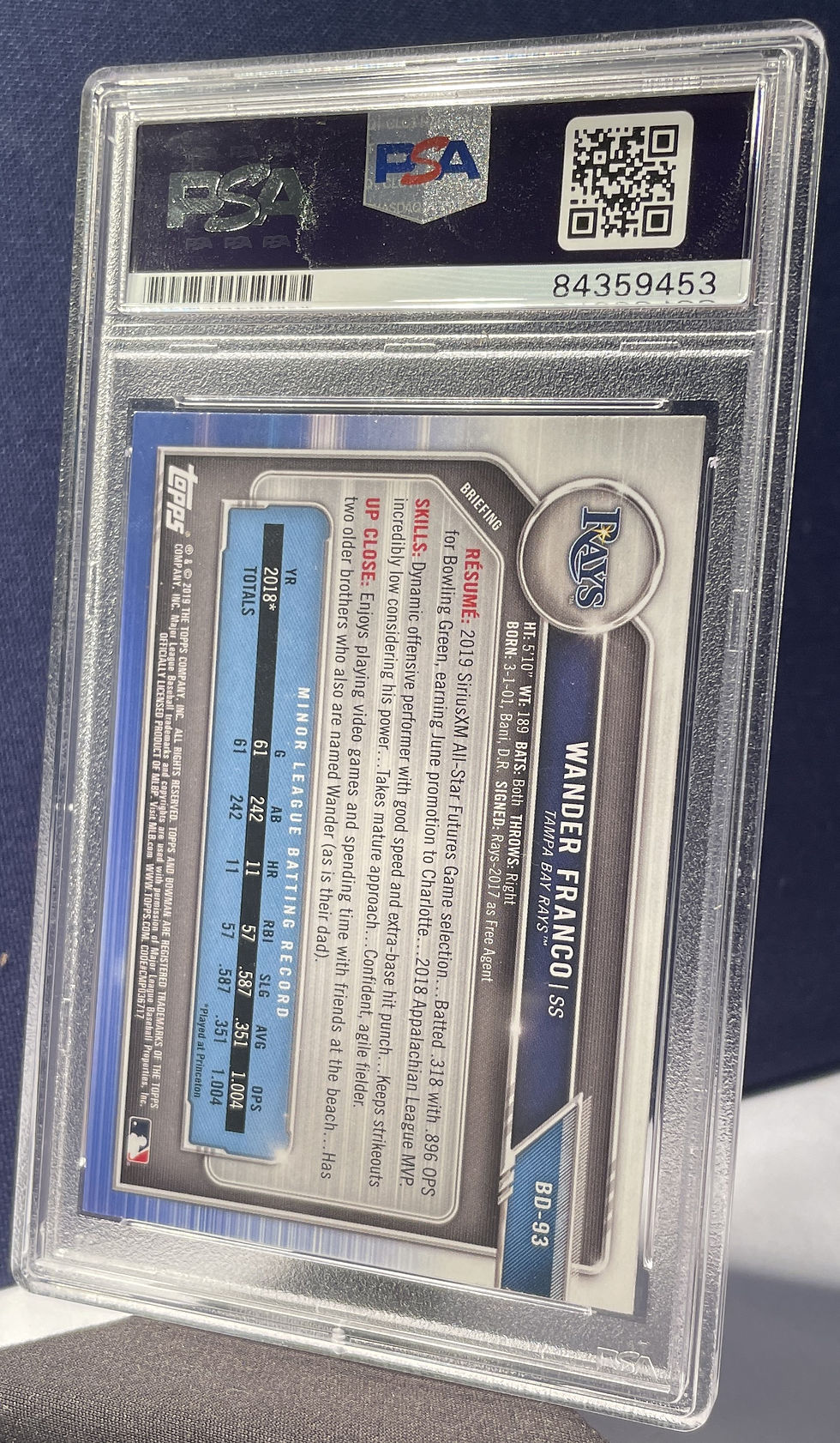 2022 Bowman Draft #BD-93 Wander Franco Autograph PSA/DNA 10 - Back