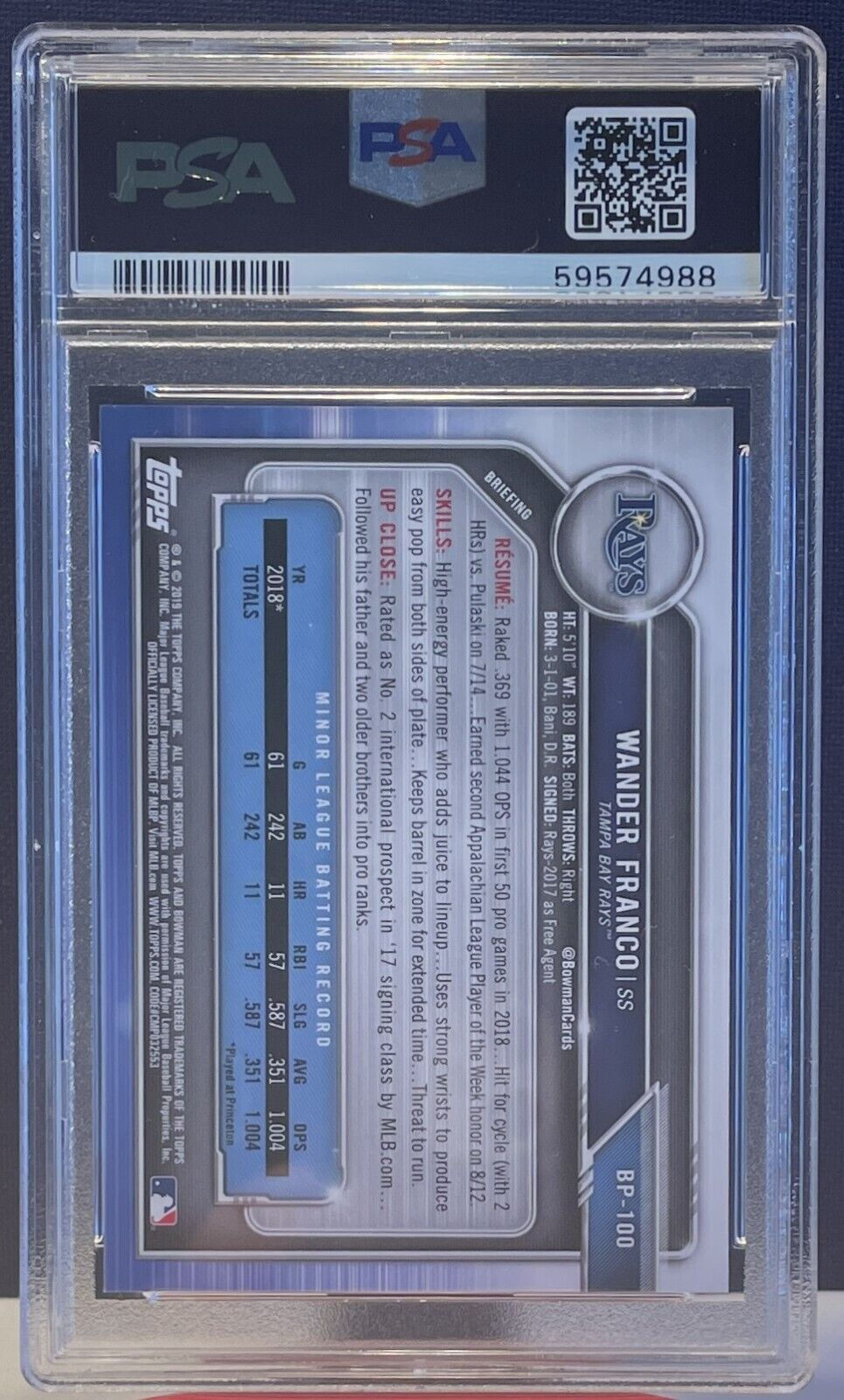 2019 Bowman  #BP100  Wander Franco PSA 10 - Back