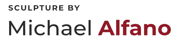 Text reads "Sculpture by Michael Alfano" in black and red on a white background.
