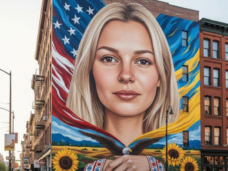 Mural of Iryna Zarutska on red wall