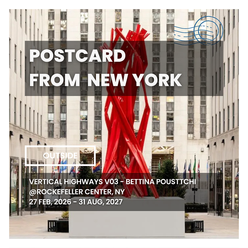 Red sculpture at Rockefeller Center, NY, with text about Bettina Pousttchi's "Vertical Highways V03" exhibit, 2026-2027. Flags in background.