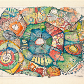 Oil ink on old factory blueprint applied on canvas