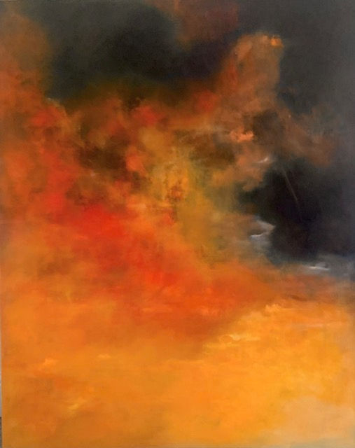 Abstract painting with swirling red, orange, and black hues. The dynamic blend creates a fiery, intense atmosphere. No text present.