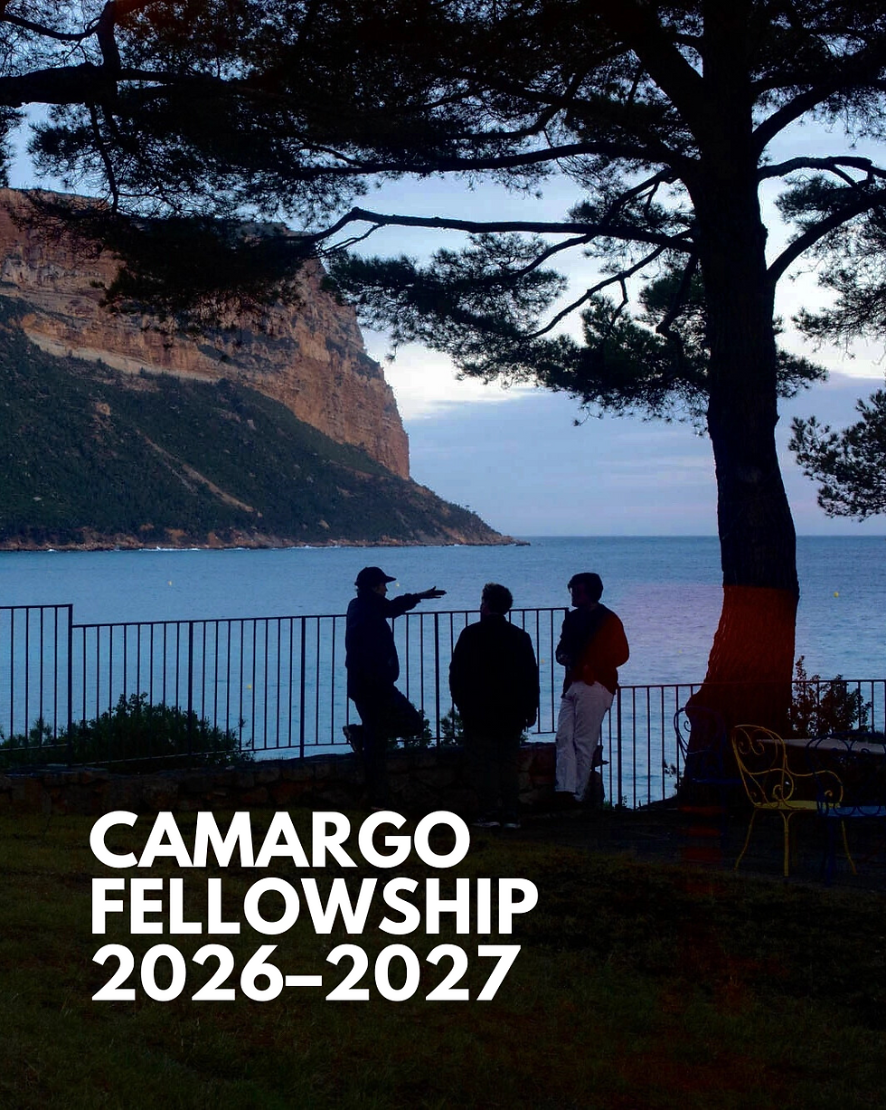 Silhouetted figures converse by a seaside cliff at sunset. Text reads "Camargo Fellowship 2026-2027." Peaceful and contemplative mood.