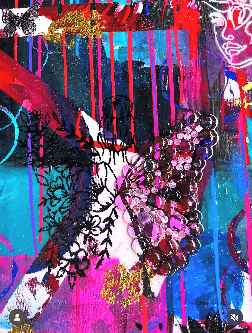 Abstract art with vibrant colors. Features a butterfly, floral patterns, and textured circles on a colorful background. Dynamic and lively mood.