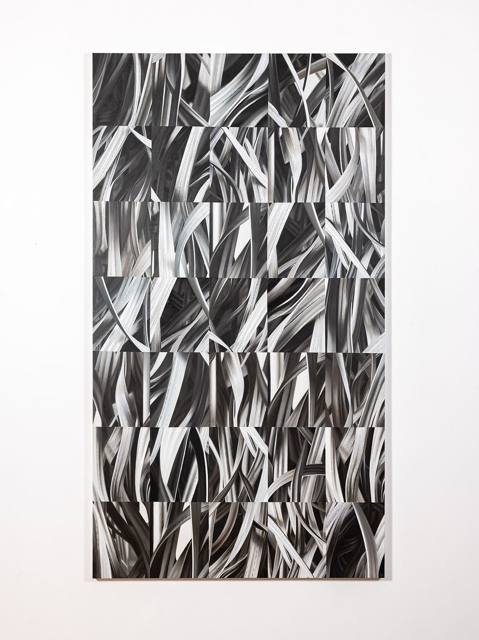 Abstract artwork with intertwining black, white lines, creating a dynamic pattern. Geometric arrangement on a white background.