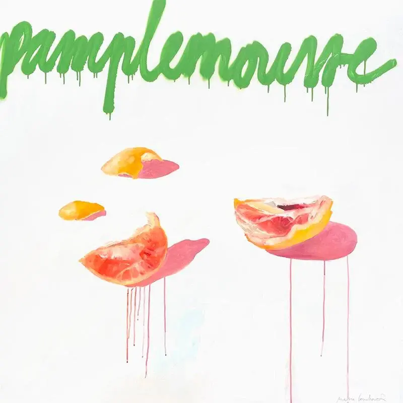 Grapefruit slices with pink drips on white background, green "pamplemousse" text above, creating a fresh and vibrant mood.