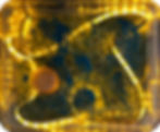 A plastic burger on a blue and yellow marbled background is surrounded by glowing yellow LED strip lights in a reflective container.