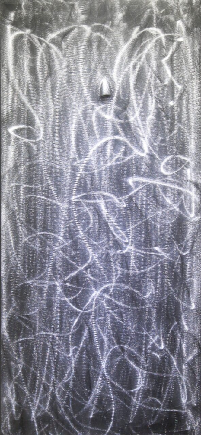 Abstract art with swirling white lines on a dark background, featuring a small, pointed object near the top center. Ethereal and dynamic mood.