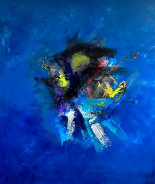 Abstract artwork with vibrant splashes of blue, black, yellow, and purple on a blue background. Dynamic, chaotic brushstrokes evoke energy.