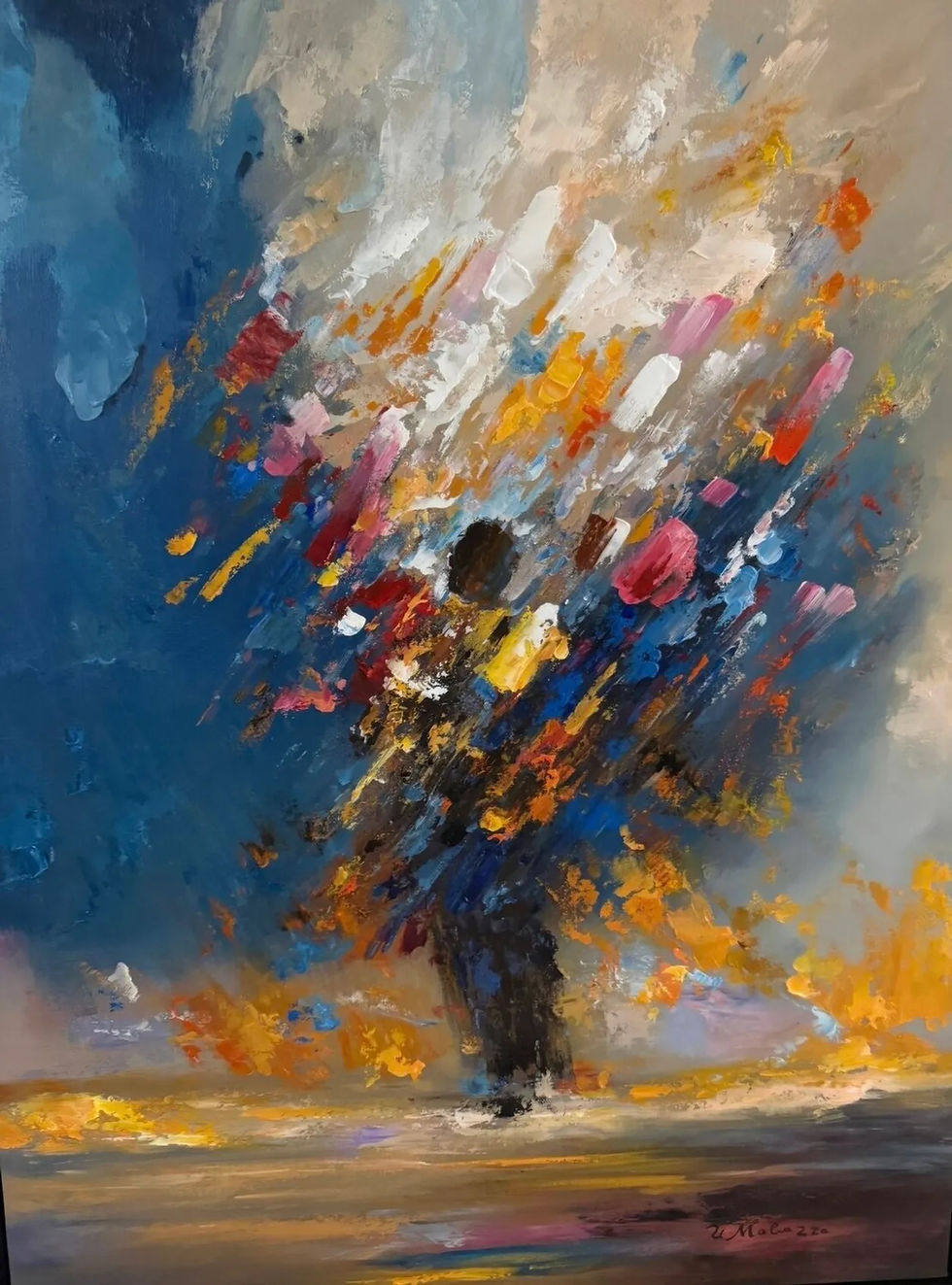 Abstract painting with vibrant strokes of blue, yellow, red, and white, creating an energetic, dynamic composition. Artist signature visible.