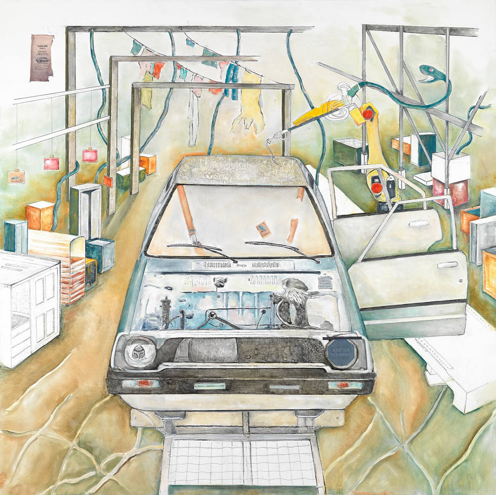 Watercolor-style artwork showing a partially assembled car inside a factory, surrounded by machinery, hanging parts, industrial frames, and winding green cables.