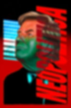 A stylized illustration of a man with a greenish hue, an American flag backdrop, and red text "NEOPOLITICA" overlaid. Bold, intense colors.