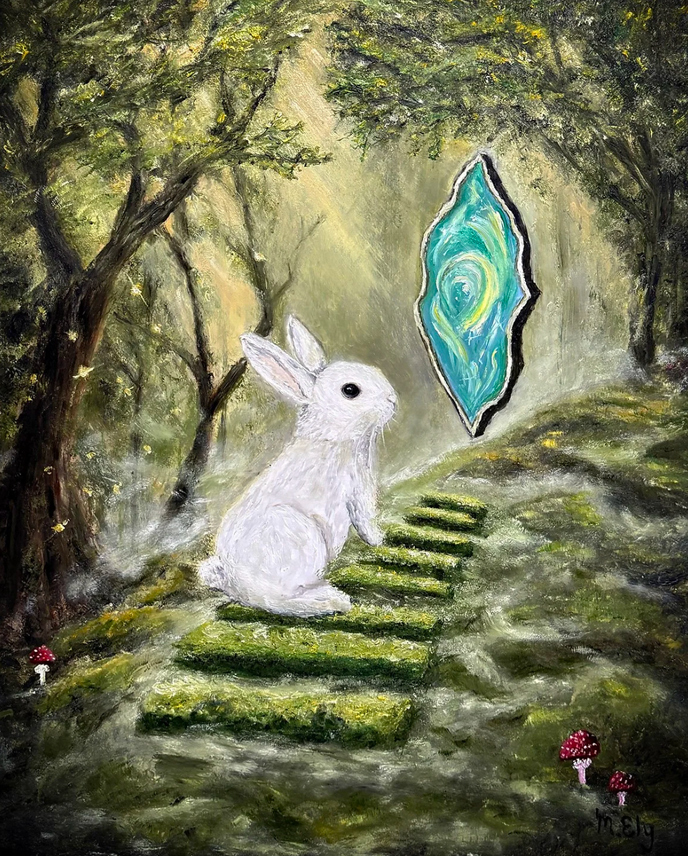 White rabbit on mossy steps in a mystical forest gazes at a swirling blue portal. Red mushrooms decorate the scene. Calm, magical ambiance.