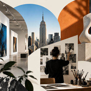 Editorial collage showing a contemporary art gallery, New York City skyline, an artist working at a studio wall, and a sculptural artwork, representing exhibition, residency, and artist opportunity themes.