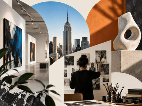 Editorial collage showing a contemporary art gallery, New York City skyline, an artist working at a studio wall, and a sculptural artwork, representing exhibition, residency, and artist opportunity themes.
