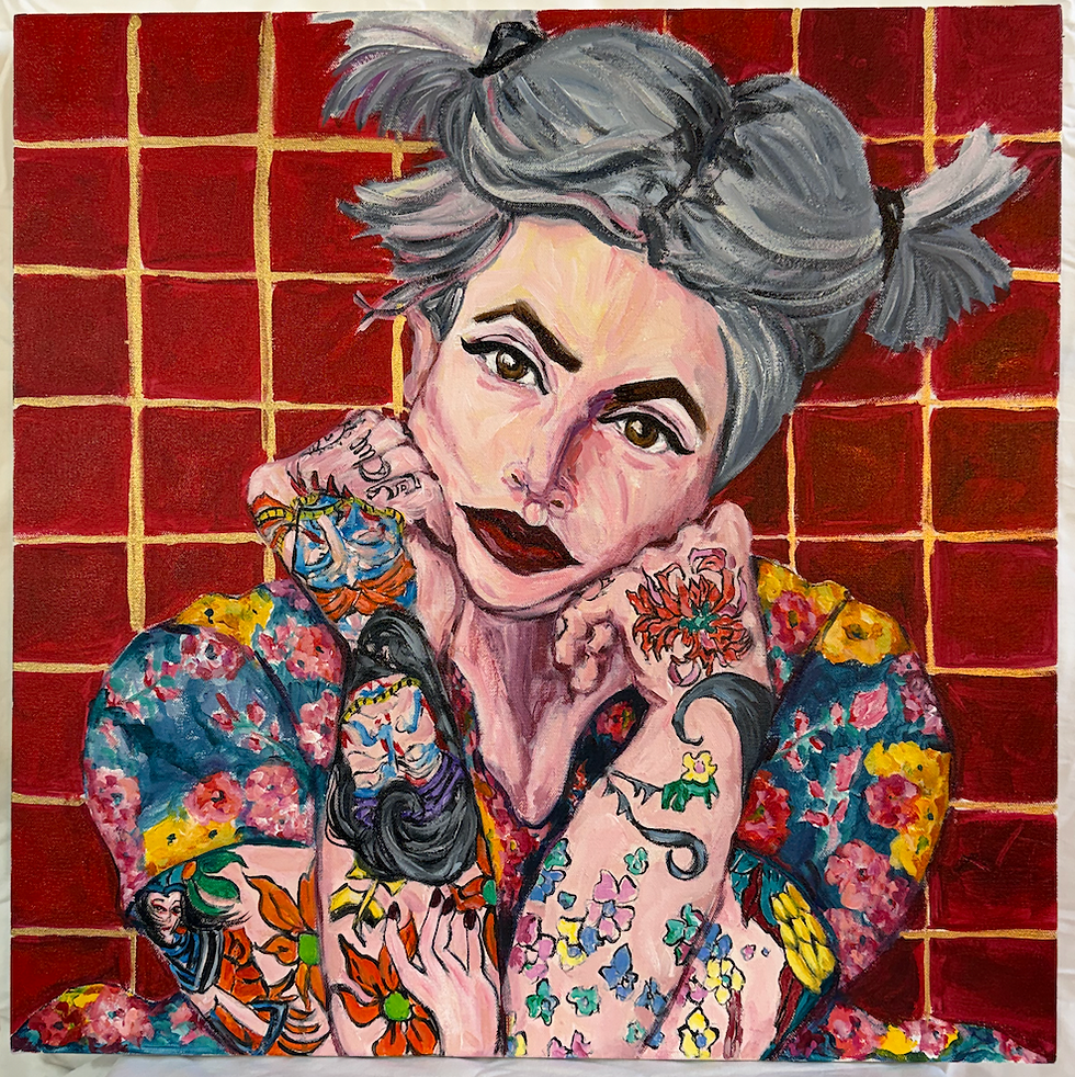 Painted portrait of a woman with gray pigtails and tattooed hands, wearing a floral top against a red tiled background.