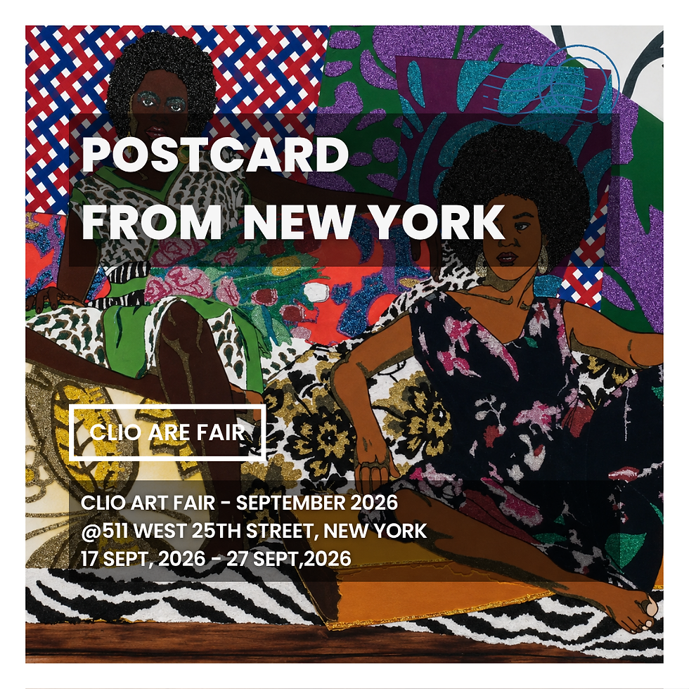 Colorful abstract poster reading POSTCARD FROM NEW YORK, IN MUSEUMS, and Daphne Victoria Johnson exhibit details.