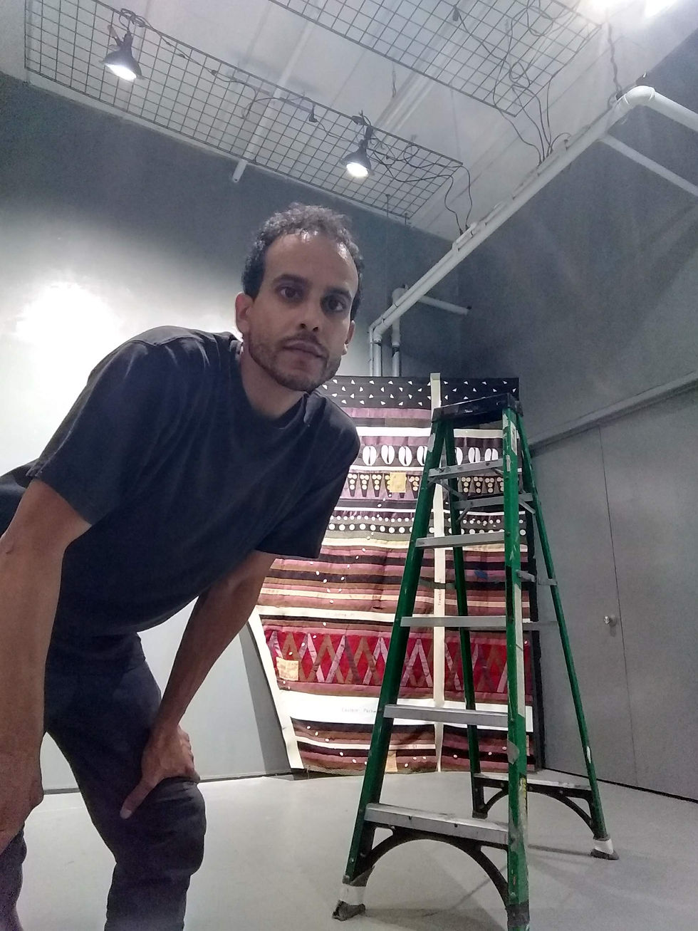 Ronen Gamil in dark shirt poses near a green ladder in an art gallery with patterned textiles. Ceiling lights and a metal grid are visible above.