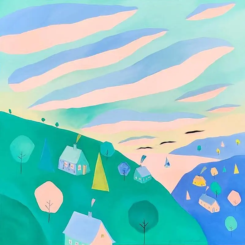 Colorful surreal landscape with houses on rolling hills, pastel clouds, and trees. Calm mood, featuring blues, greens, and pinks.