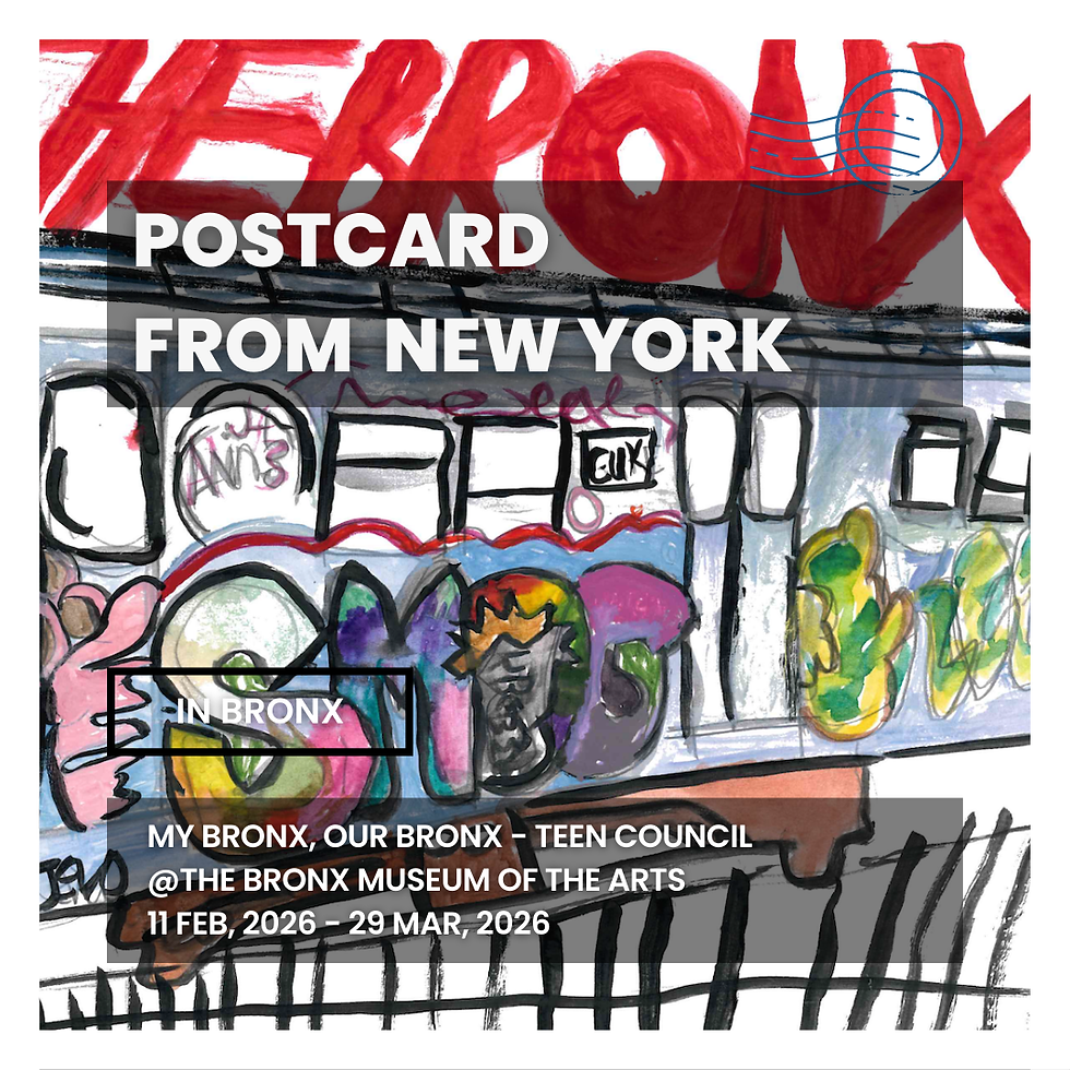 Graffiti-covered subway poster with "Postcard from New York" text. Event details at the Bronx Museum, vibrant colors and bold letters.