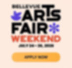 Bellevue Arts Fair Weekend poster with bold text, July 24-26, 2026. "Apply Now" button in orange. Purple and orange color theme.