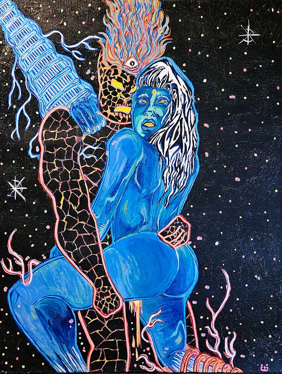 Surreal painted blue female figure with white hair and a masked, fiery-eyed figure against a starry black background.